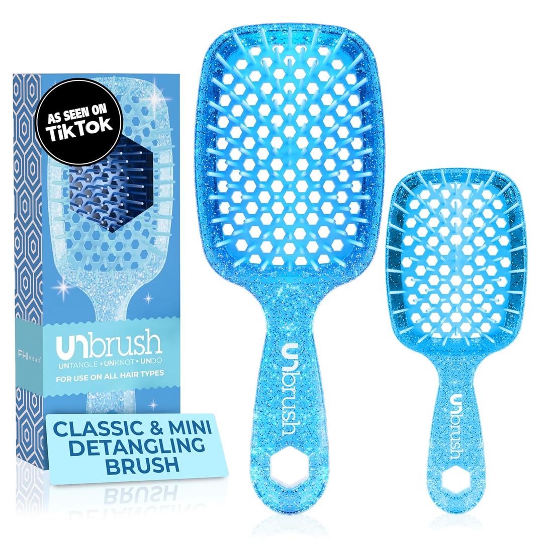 FHI Heat - UNbrush Detangling Brush Combo Pack  Original & Mini UNbrush Hairbrush for All Wet/Dry Hair Types  DuoFlex Anti Static Hair Brush, Vented Detangler Brush for Pain-Free Styling (Sapphire Blue)