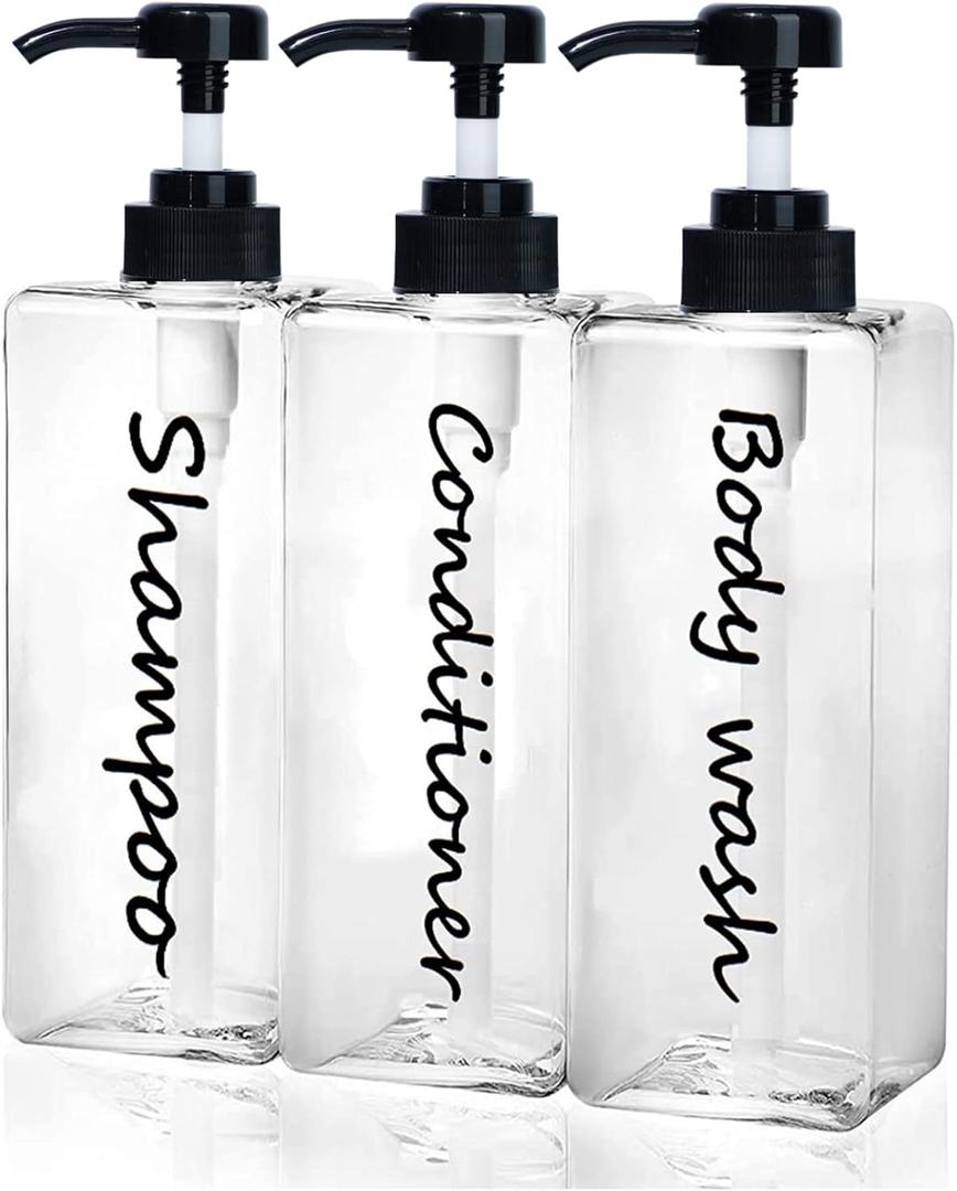 Shampoo Dispenser - Refillable Shampoo and Conditioner Bottles (Clear, Set of 3, 21oz) - Modern Shampoo Bottles for Shower Soap - Empty Shampoo Conditioner Body Wash Dispenser Set - for Bathroom (Black)
