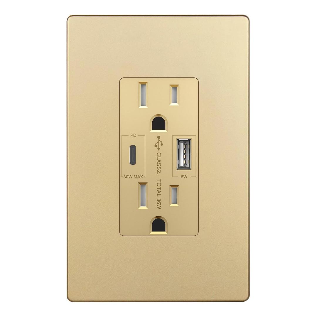 LIDER USB-C 36W Power Delivery Wall Outlet, Duplex Tamper-Resistant Receptacle with USB Type-C/USB Type-A Charging Ports, Interchangeable Face Cover, Modern, UL Listed, Wall Plate Included, Gold
