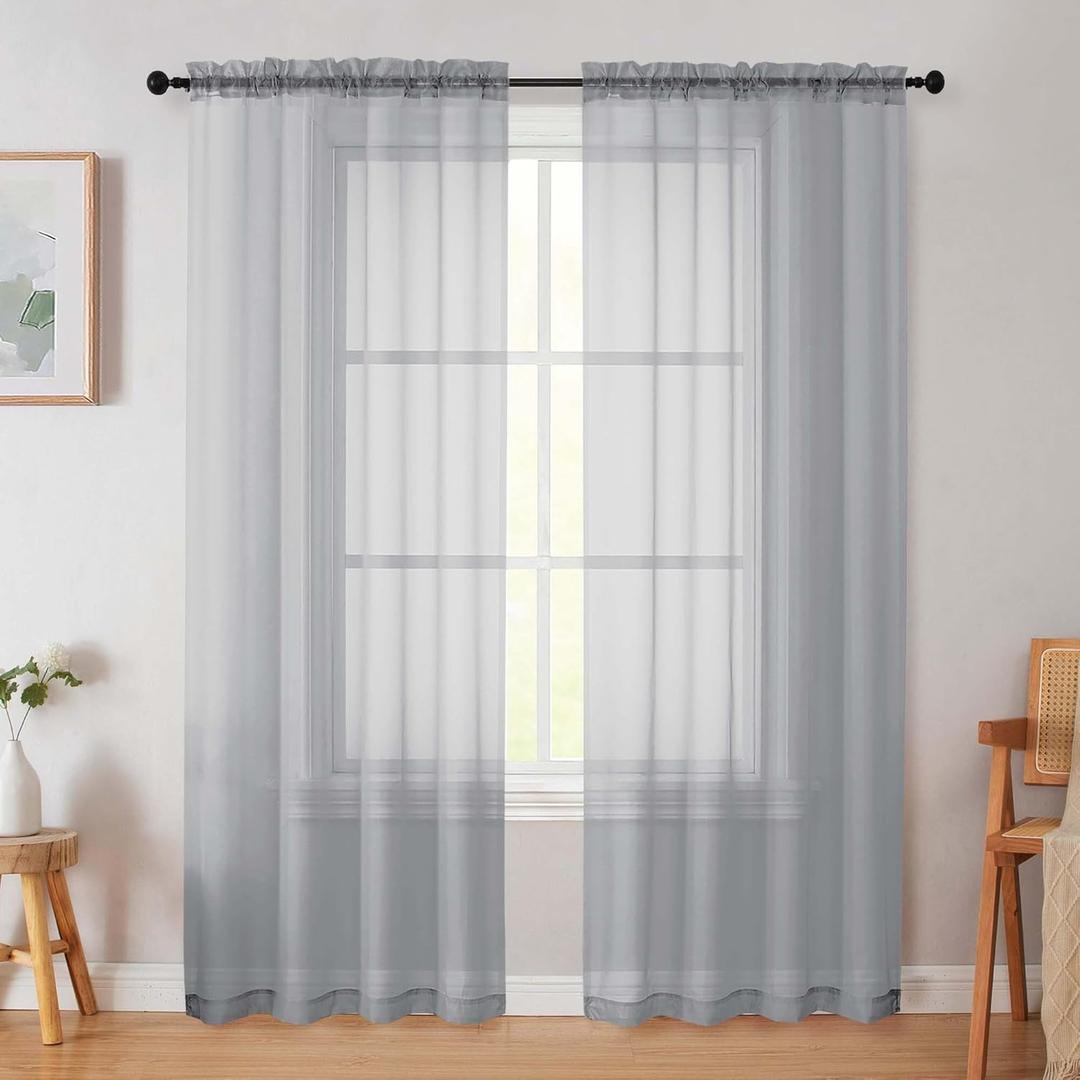WelvetBLK Light Grey Sheer Curtain for Bedroom Living Room 78 Inches Long 2 Panels Set, Solid Soft Airy Light Filtering Sheer Window Curtains, Modern Rod Pocket Door Curtain, 42" Wx78 L Inches