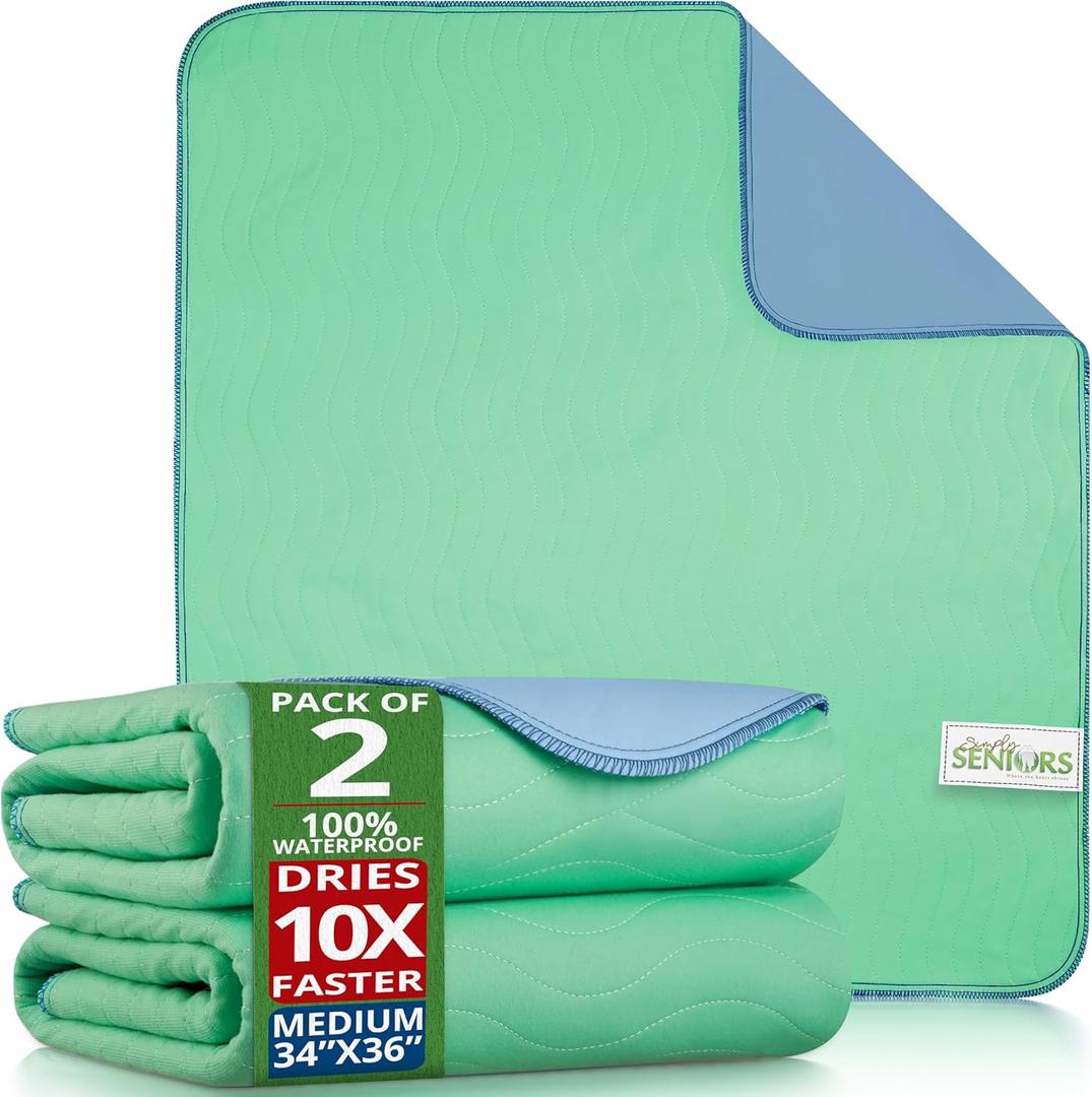 Bed Pads Washable Waterproof 34"x36"- Pack of 2 Incontinence Bed Pads & Washable Pee Pads for Adults - Dementia Products for Elderly & Elderly Assistance Products - Reusable Pee Pads for Dogs & Kids