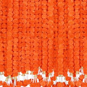 6 Pcs 5 Ft Artificial Marigold Flowers Garland, Dia de Los Muertos Faux Garlands Diwali Decoration with Pendant Bell for Indian American Wedding Party Mantle Decor (Dark Orange)