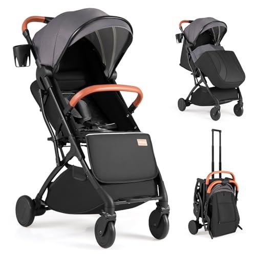 BABY JOY Lightweight Stroller, Compact Travel Stroller with One-Hand Fold, Adjustable Backrest, Canopy, Cup Holder, Footmuff & Storage Basket for Toddlers (Gray)