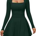 XXTAXN Womens Sexy Long Sleeve Square Neck Flowy Hem Ruched High Waist Party Mini Dress with Side Pocket, Dark Green, X Large