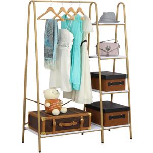 Finnhomy Clothes Rack, Clothing Rack for Hanging Clothes Heavy Duty Garment Rack with 5 Wood Shelves Freestanding Portable Closet Organizer for Bedroom/Entryway/BoutiquesGold