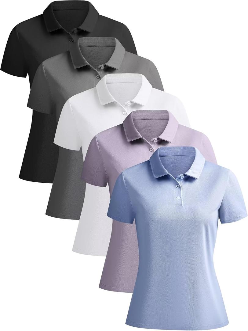 NebuKinex 5 Pack Women's Polo Shirts Short Sleeve Collared Tops for Work (M)