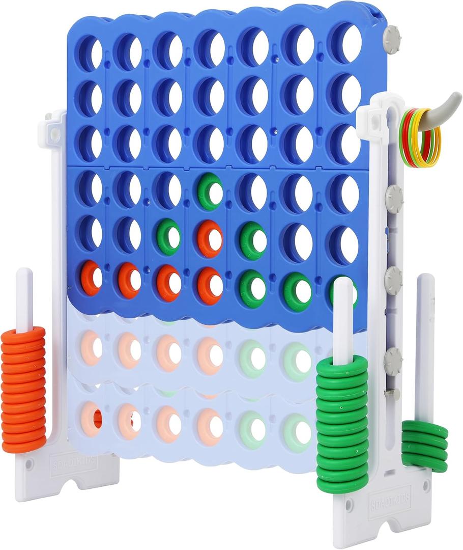 SDADI Height-Adjustable Giant 4-in-a-Row Game, 2-in-1 Jumbo 4-to-Score & Ring Toss Set, Indoor/Outdoor Yard Party Toy for Kids, Adults & Family, White