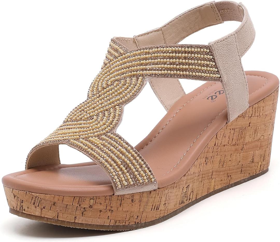Ruiee Wide Width Wedge Sandals for Women, Comfortable Ankle Strap Open Toe Summer Shoes Platform Wedge Dressy Women Sandals. (Gold) 8 X-Wide, Beige