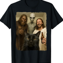 Cat Selfie Bigfoot Jesus Alien T-Shirt, M