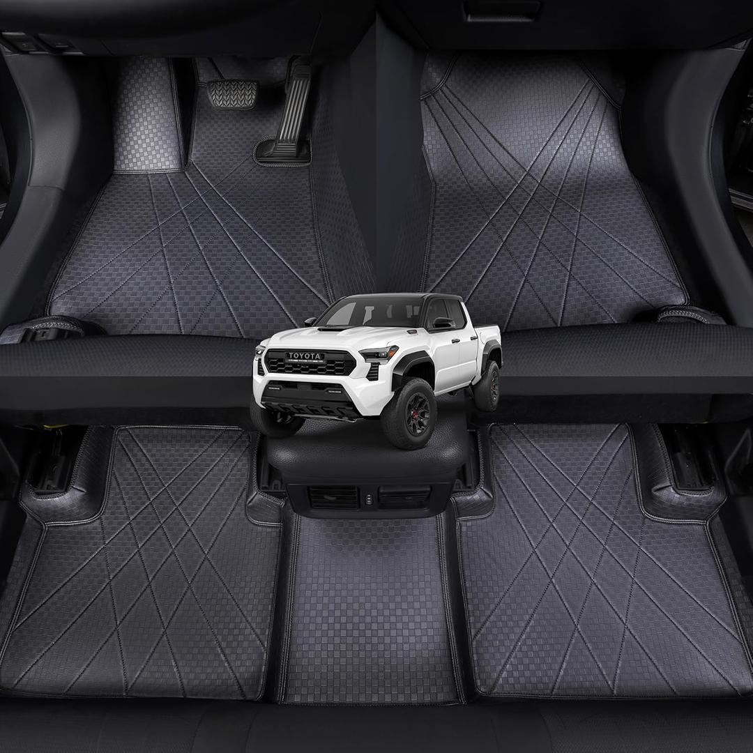 EKR Custom Floor Mats for Toyota Tacoma Double Cab 2024-2026, Front & 2nd Row Luxury Car Floor Mat Fit Tacoma 2024 2025 2026 - Leatherette Floor Liners (Black)