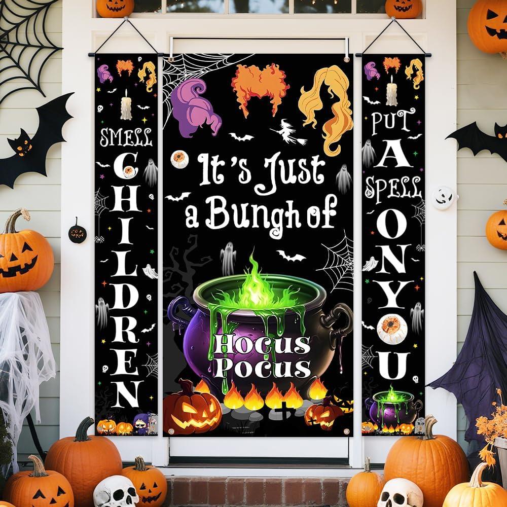 3Pcs Halloween Party Decorations Witch Party Decorations Halloween Front Porch Banner Backdrop Witches Hocus Pocus Decorations Photo Studio Props Decor Supplies