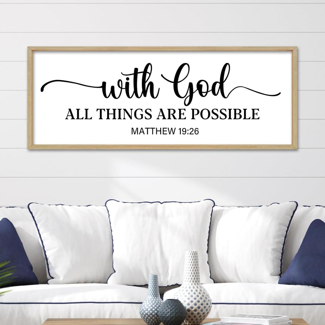 YWMZYKJGS With God All Things Are Possible Sign Wall Decor 40"x15" Matthew 19:26 Bible Verse Jesus Religious Christian Scripture Prayer Large Wooden Framed Wall Hanging Art (Wood)