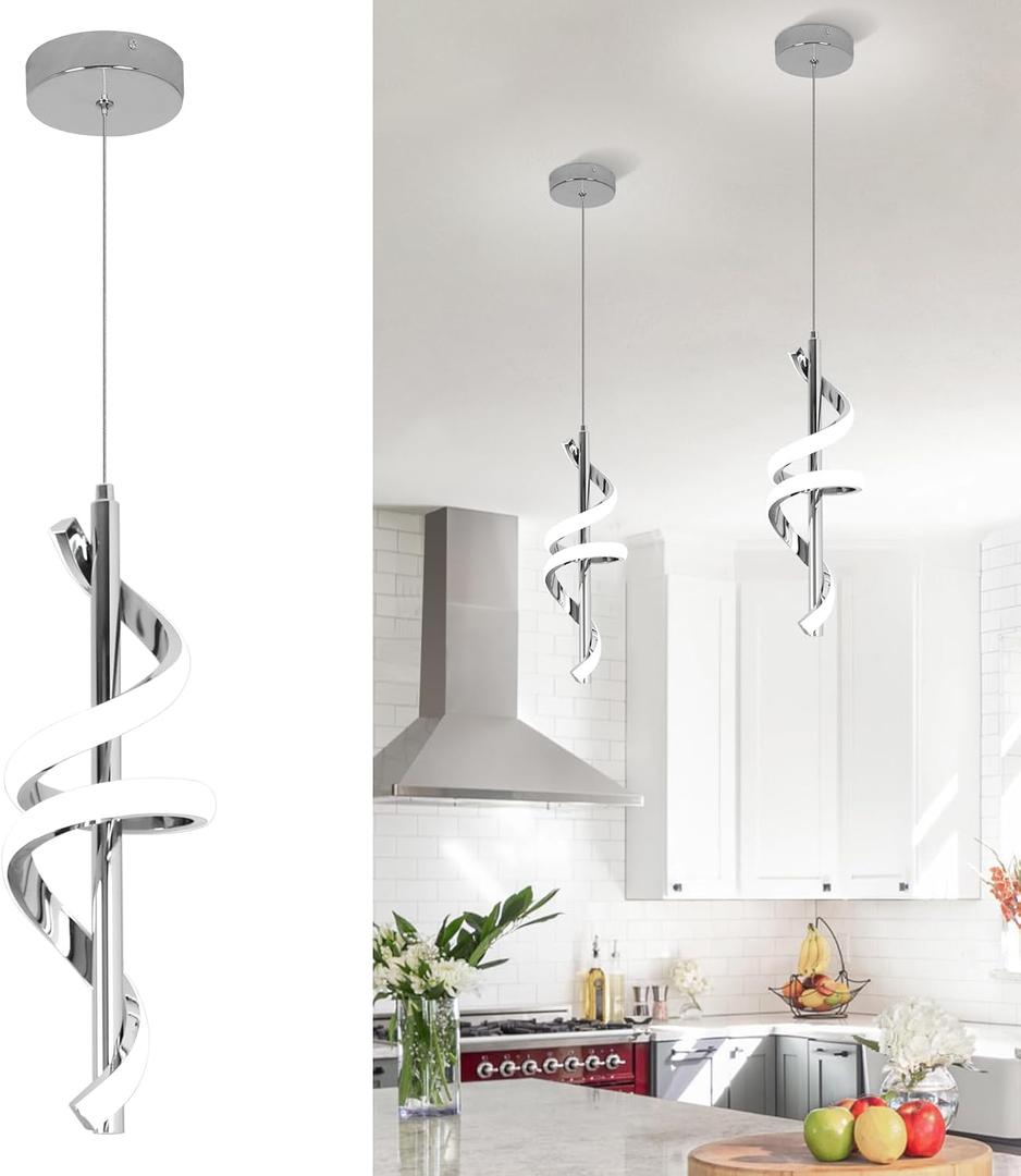 Spiral Led Pendant Light Fixtures, 5500K Cold White Modern Led Pendant Light Kitchen Island, Adjustable Height Kitchen Island Lights Fixtures for Dining Room Kitchen Bedroom Sink (Chrome, 5500K)