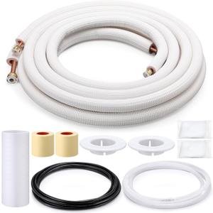 25 Ft. Mini Split Line Set 1/4 & 3/8 O. D. Copper Pipes Tubing and 3/8 White Thickened PE Insulated Coil for Air Conditioner Refrigeration and Heating Equipment, with Fittings