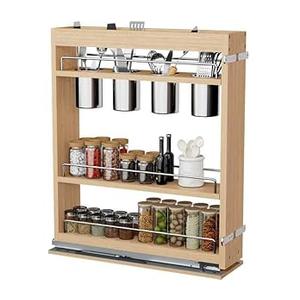 DINDON Pull Out Spice Rack Cabinet Organizer, (5" W x 21.9" D x 25.2" H) Multi-Use Solid Wood Pull Out Cabinet Organizer With 4 Movable Stainless Steel Cutlery Storage Buckets for Kitchen Organization