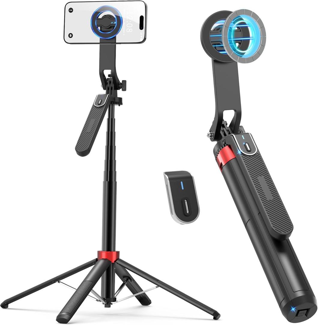 PlusAcc 69 Magnetic Selfie Stick Tripod - Extendable Phone Mount for MagSafe, 360Rotation Travel Stand with Rechargeable Remote, Compatible with iPhone, Camera, Video Recording