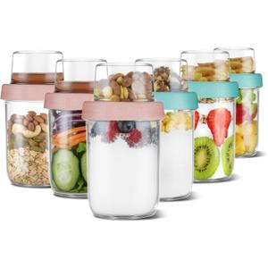 4oz 16 oz Glass Overnight Oats Containers with Lids 6Pack, Yogurt Parfait Cups with Dry and Wet Separation, Breakfast Prep Bowl for Cereal Nut Fruit Meal, To Take Along Oatmeal Salad Smoothie Snack (PINK*3/GREEN*3)