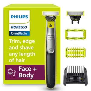 Philips Norelco for Face + Body, Electric Beard Trimmer, Shaver and Groomer, 5in1 Adjustable Comb, 1x Body Kit, Model QP2834/70, Black/Lime Green, OneBlade 360 Face + Body