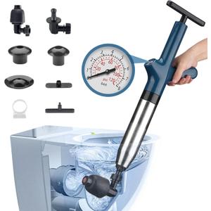Powerful Toilet Plunger, Air Drain Blaster Stainless Steel,Drain Cleaner Plunge Blaster with Pressure Gauge, Multi Attachment Suitable for Bathroom,Floor Drain,Sewer,Kitchen Clogged (Sapphire Blue)