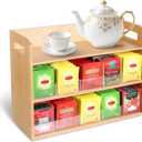 Bamboo Tea Bag Organizer, 3 Layer Wooden Tea Bag Storage Organizers Box for Countertop, Teabag Holder with Handle and 10 Acylic Adjustable Partitions for Coffee Station Office Kitchen Cabinet Chest