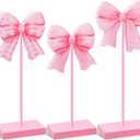 3 Pcs Small Bow Wooden Sign Tall Standing Block Coquette Room Decor Bow Centerpieces for Table Topper Girly Coquette Party Tiered Tray (Pink Bow)