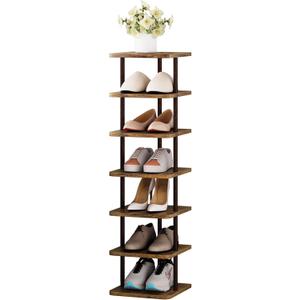SORCEDAS 7 Tiers Vertical Shoe Rack Wooden Shoe Storage Organizer for Space Saving Narrow Shoe Shelf Storage 7 Pairs for Entryway Living Room Bedroom(Bronze + Rustic Dark Brown)