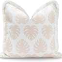 Hofdeco Premium Fall Coastal Patio Indoor Outdoor Pillow Cover Only, 20"x20" Water Repellent for Backyard, Couch, Neutral Tan Monstera Leaf Fringe