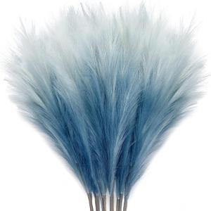 KALYLOC 8Pcs 35.4 Blue Colorful Faux Pampas Grass, Fluffy Artificial Bulrush Branches Boho Decor, Filler Tall Pampas Grass Reed Fluffy Stems for Living Room Wedding Decoration