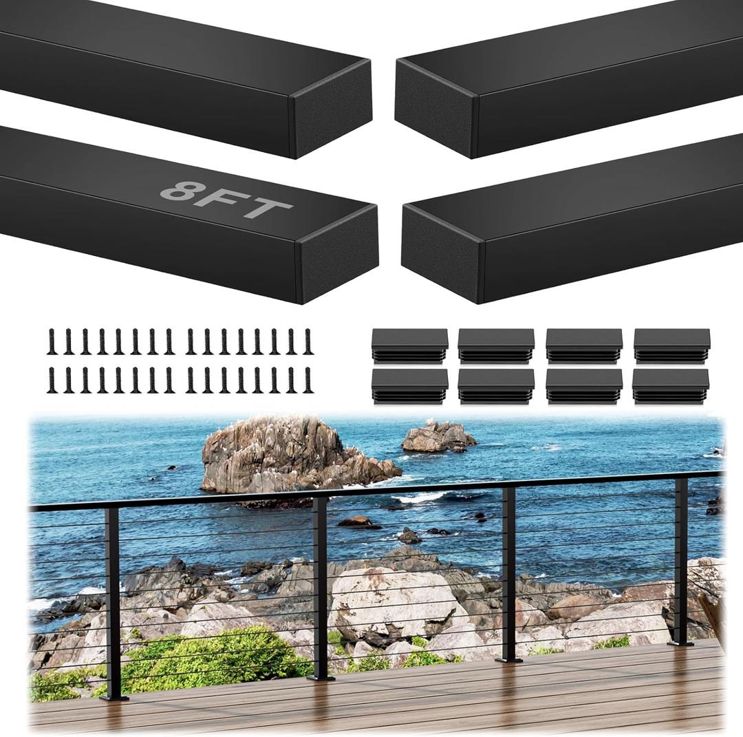 8FT Aluminum Black Handrail, 4 Pack Rectangular Flat Top Hand Rail Prefect for Coastal Projects, Deck Railing Top Rail Square Tube with 8 Nylon End Cap for Indoor Outdoor Stairs DIY Balustrade