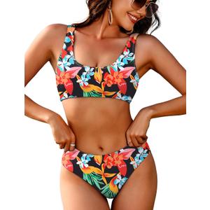 AI'MAGE Women Ribbed Bikini Sets Sporty Swimsuits Scoop Neck Two Piece Bathing Suits High Cut Bikini (Large, Black Multi Floral)