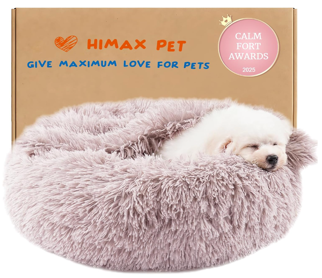 Himax Dog Beds for Small Dogs, Donut Dogs Beds with Blanket Attached, Calming Dog Bed Washable (20"/26"/35") Beige