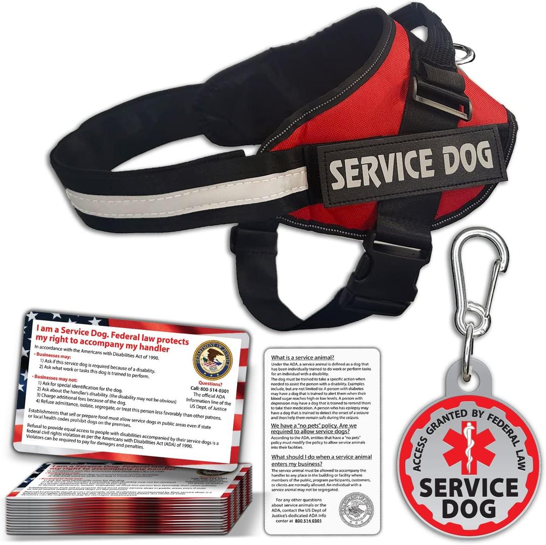 Service Dog Vest, ID Tag and ADA Info Cards - Harness in X Small to XX Large, Durable Metal Tag, 2-Sided Service Animal Cards. ESA Accessory Set