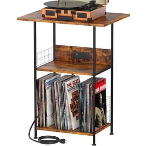Large Record Player Stand Up to 200 Albums, Vinyl Stand End Table Storage Rack with Charging Station - Turntable Stand 3-Tier Record Player Table for Living Room Bedroom (Rustic Brown)