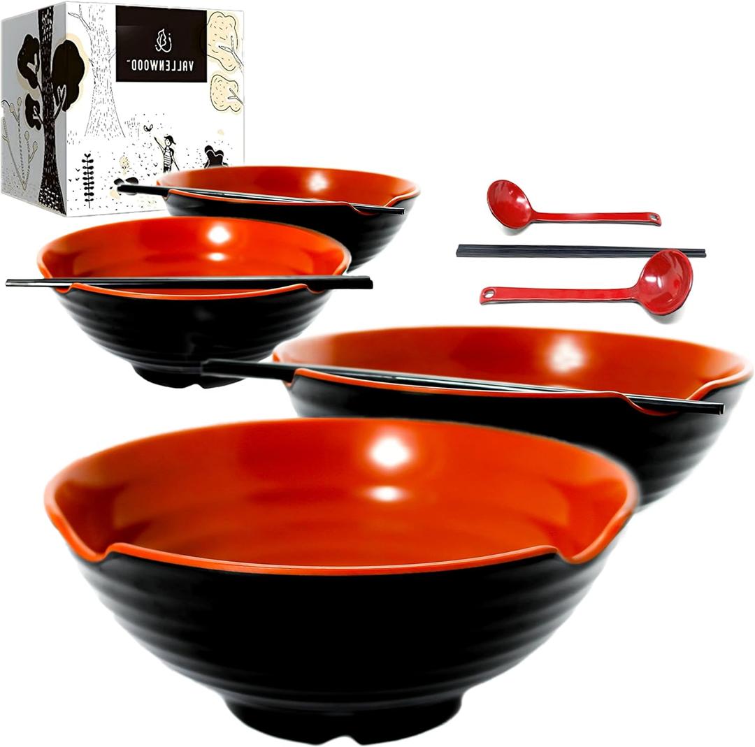 4 XL Ramen bowl set. 12 Pieces Pho Bowls. Asian Japanese soup. Utensil: Spoons and Chopsticks kit. Melamine, Large 52 oz. Noodles, Rice, Udon, Thai, Chinese, Korean, Udon, Wonton, Miso, 9 inch (Red Black)