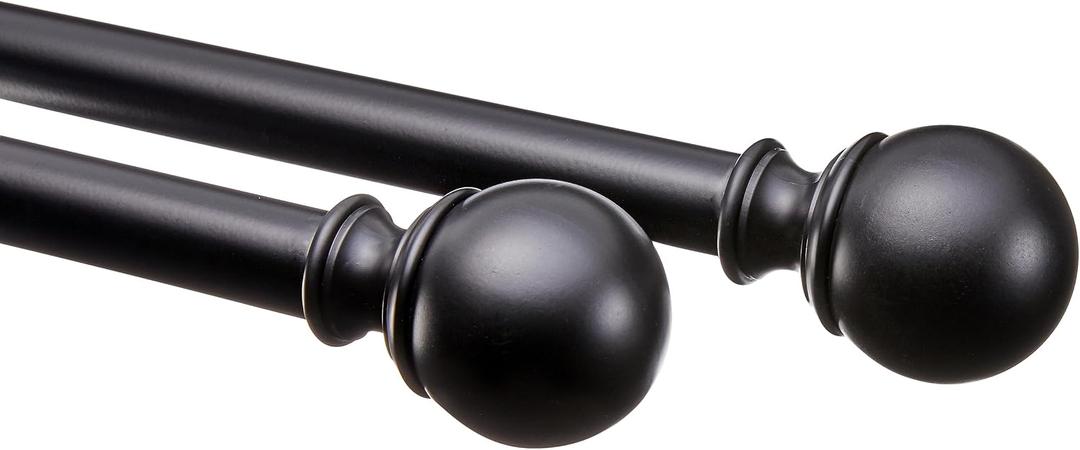 Amazon Basics Adjustable Curtain Rod for Windows with Round Finials, 1-Inch Rod, 36" to 72", Black, 1-Pack