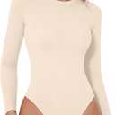 QINSEN Women's Seamless Long Sleeve Bodysuit Crew Neck Basic Stretch T Shirt Top (Beige), XS