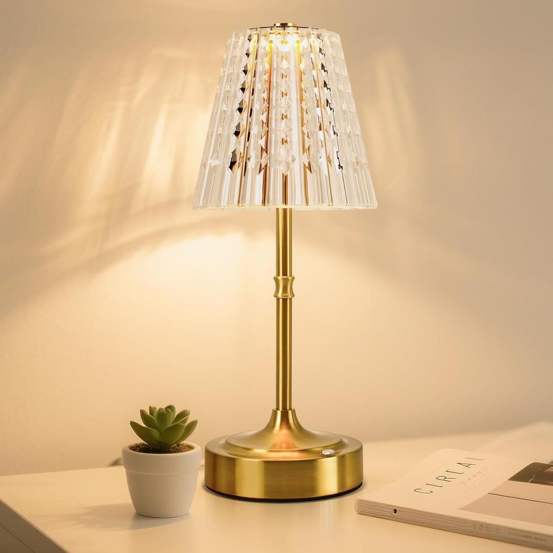 Touch Cordless Table Lamp Rechargeable, 3600mAh Battery Operated Small Crystal Lamp, 3 Color Dimmable Vintage Gold Table Light for Bedroom/Kitchen/Gift for Home Décor ((Luxury Style)