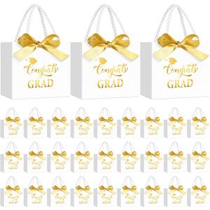 Moinchore 30 Pcs Graduation Gift Bags Bulk 5.5 x 4.7 x 2.5'' Small White and Gold Class of 2026 Treat Bags with Handles Bow Ribbon Congrats Grad Paper Party Favor Decorations for College High School