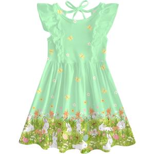 Toddler Kids Girls Easter Bunny Dress 5T 6T Rabbit Egg Hunt Dresses Girl Green Summer Sundress Ruffle Sleeveless Backless Sundresses Holiday Printed Frocks Playwear Size 5 6