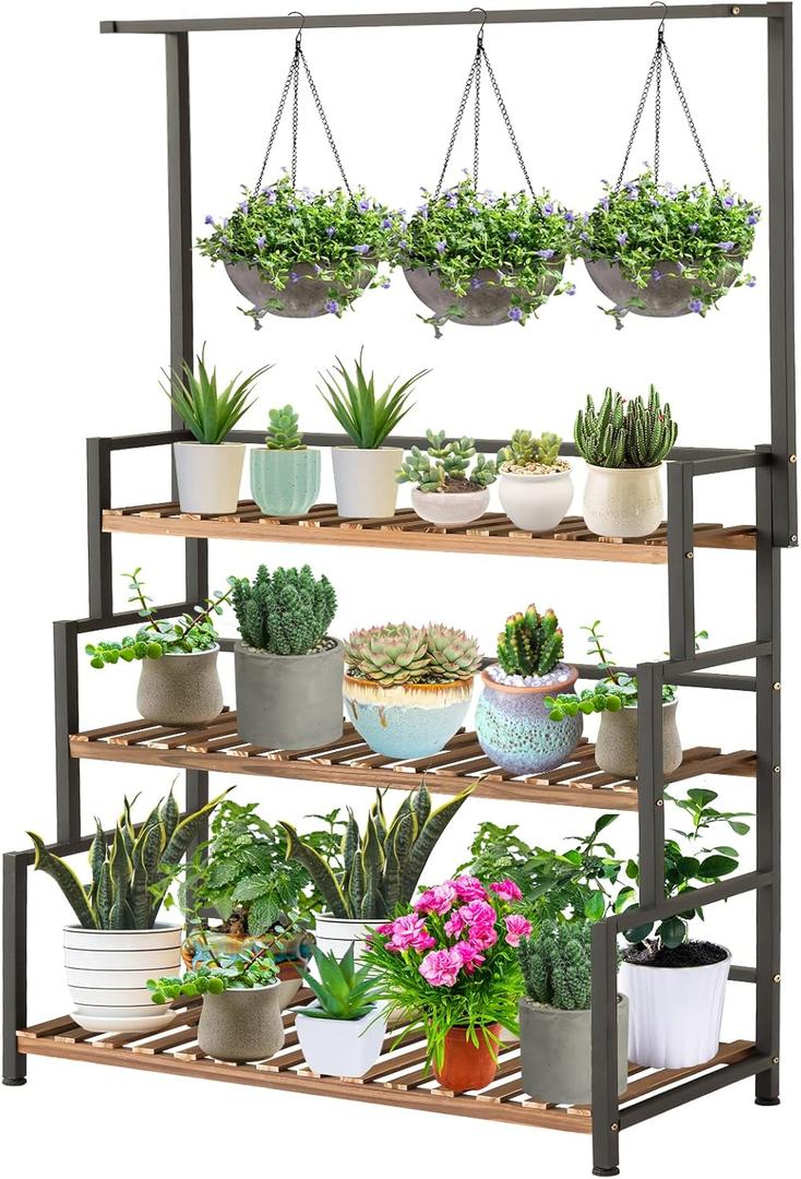 ULIKE Plant Stand Outdoor Indoor Hanging Plant Shelf for Multiple Plants 3 Tier Tall Plant Stand Wood Rack with Metal Frame for Patio Garden Balcony