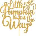 2 x A Little Pumpkin is On The Way Cake Topper, Welcome Little Pumpkin Cake Decor, Fall Autumn Baby Shower/Halloween Thanksgiving Baby Gender Reveal Party Decorations Supplies, Gold Glitter