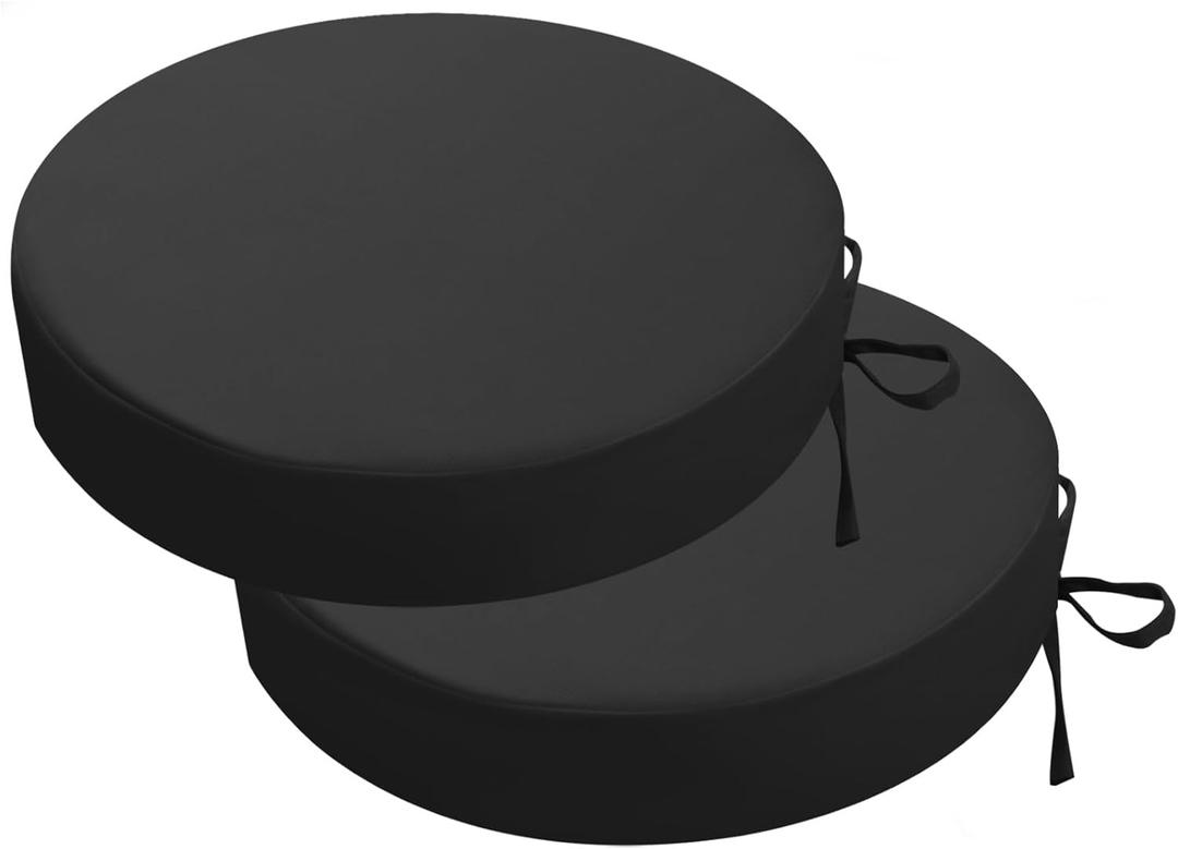 idee-home Outdoor Bistro Chair Cushions, 15x15x 3 Thick Outdoor Round Seat Cushions Set of 2 with Ties, Waterproof Round Patio Furniture for Garden (Black)