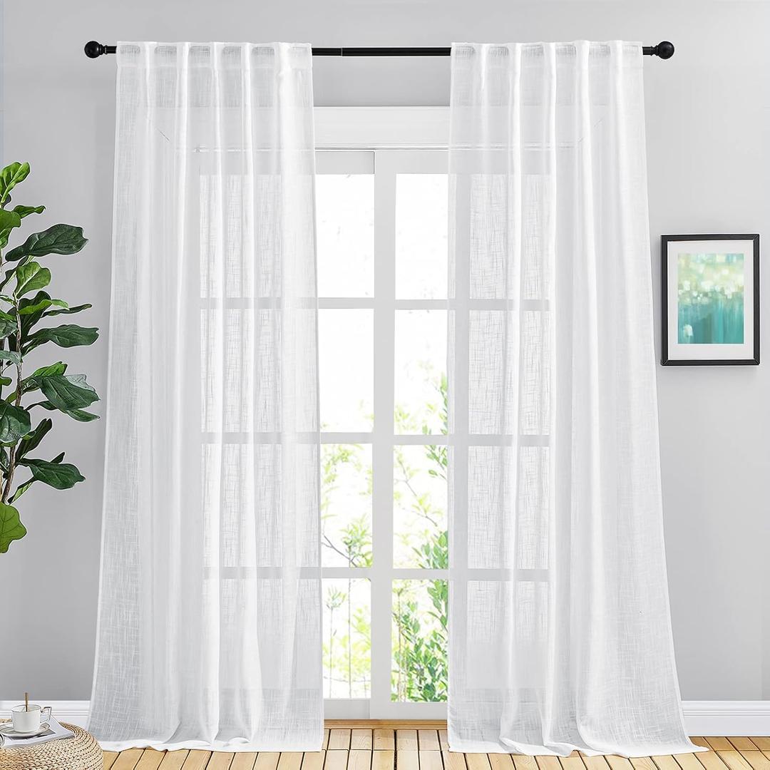 NICETOWN White Linen Sheer Bedroom Curtains 90 inches Long, Rod Pocket & Back Tab Semi Sheer Privacy with Light Filtering Bedroom Window Treatments for Farmhouse, W42 x L90, 2 Panels