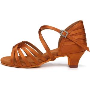 AOQUNFS Girls Latin Dance Shoes Low Heels Tango Salsa Ballroom Practice Performance Dancing Shoes (11.5 Little Kid, Brown-4.5cm Heel)