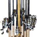 Rush Creek Creations | Rod Holder for 16 Fishing Poles, Garage Organization and Storage, for Reels, Gear, Accessories, Tackle Box (Light Wood Grain)