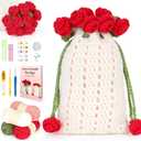 Katech Crochet Kit for Beginners - Crochet Flowers Bouquet Bag Bag Kit Includes Yarn, Hooks, Step-by-Step Guide, Needles & Accessories - Adults Crochet Starter Gift (white-red rose)