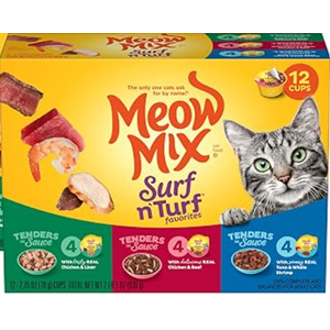 Meow Mix Tenders in Sauce Wet Cat Food, Surf 'N Turf Variety Pack, 2.75 Ounce Cup (Pack of 24)