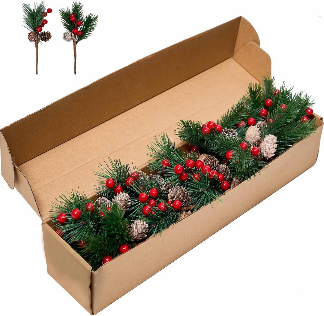 WSTPUPU 32 Pcs Artificial Pine Picks 6.5inch Christmas Simulation Pine Needle with Red Berries Pinecones for Flower Arrangements Wreaths Christmas DIY Gift XmasTree Decorations