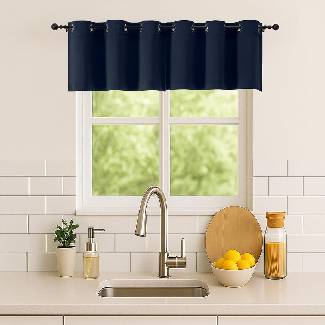 Simplebrand Navy Blue Window Valance for Kitchen 14 Inches Long 2 Panels Set, Room Darkening Valance Curtains for Living Room, Grommet Short Privacy Kitchen Curtains for Bedroom Kids Room, 40Wx14L