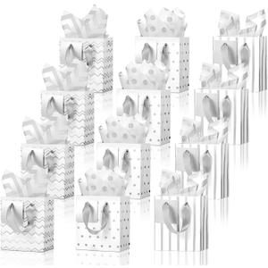 Tenare 12 Pcs Small Gift Bags Mini Metallic Paper Bag Bulk Tiny with Handle Tissue Paper for Gift Wrap Mother's Father's Day Birthday Graduation Party(4 x 2.75 x 4.5 Inch,White Silver)